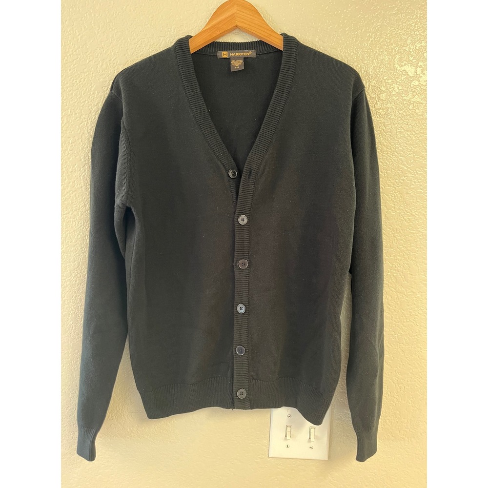 Harriton Mens Black V-Neck Button Down Cardigan Sweater M265 Small